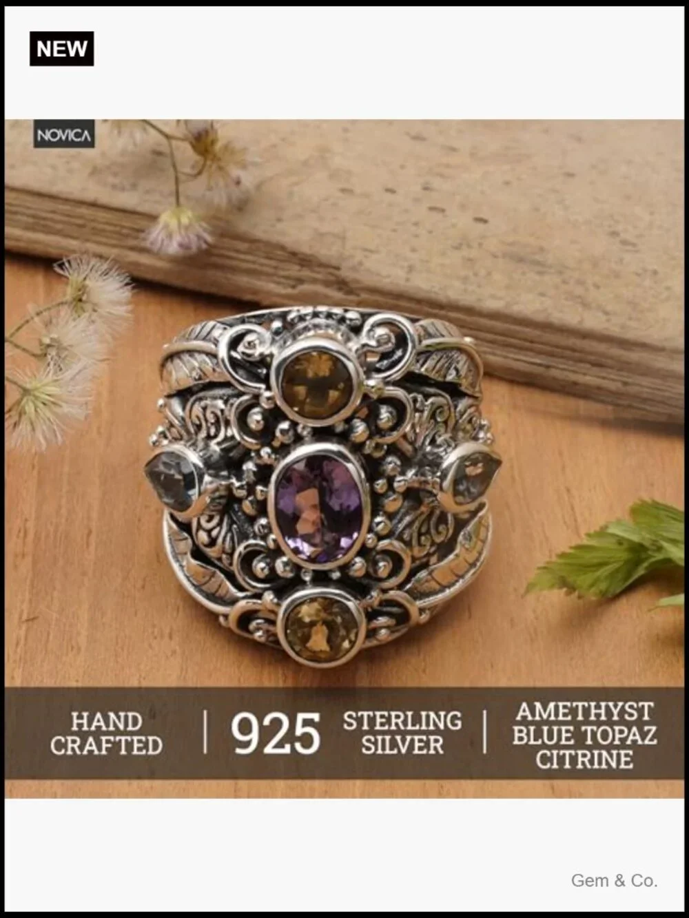 Sterling Silver Amethyst Blue Topaz Cocktail Ring Size 8 Handmade Bali